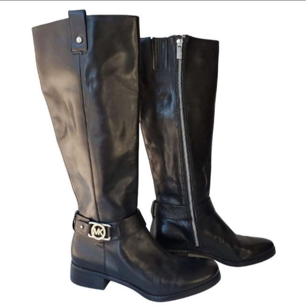 Michael Kors Charm Riding Boots Black Leather Women's 7 Silver